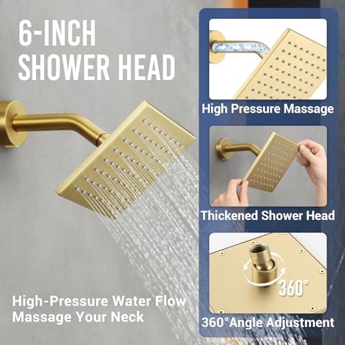 Brushed Gold Thermostatic Shower System with Body Jets, Ceiling 16” Rainfall Shower & Wall Mount 6-Inch Shower Head Luxury Shower Faucet Set with Handheld Spray, Dual Shower Heads Set