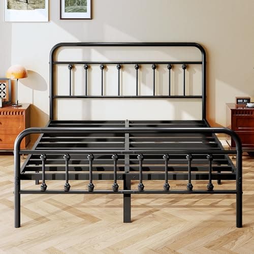 King Size Metal Platform Bed Frame/Victorian Style Headboard and Footboard/Steel Slat Support/Easy Assembly/No Box Spring Needed/Underbed Storage/Noise Free/Black