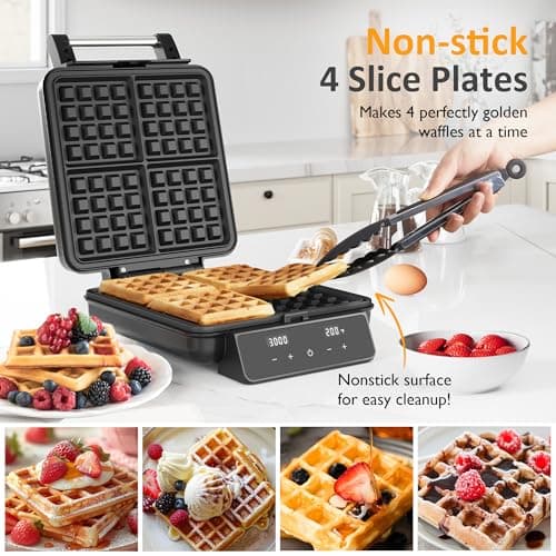 4-Slice Waffle Maker with Nonstick Surface, 1200W Waffle Iron, Time & Temperature Control, LCD Display, Perfect Waffle Maker for Kids and Families, Stainless Steel, Silver
