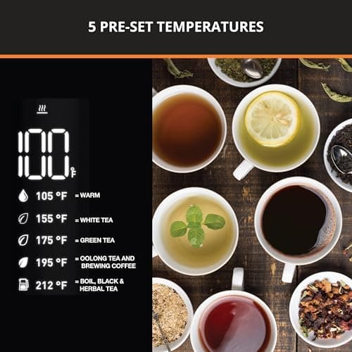 KRUPS Smart Temp Electric Kettle: 1.7L Capacity, 5 Precise Temperature Settings, Digital Display, Cool-Touch Exterior, Cordless Design for Tea and Coffee Lovers