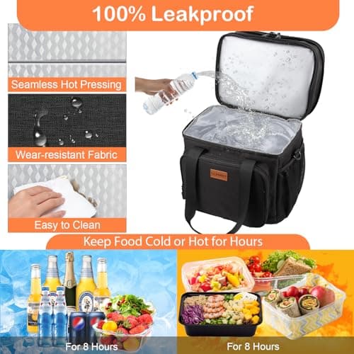 GLENKEY Expandable Insulated Large Lunch Box, Double Deck Heavy Duty Durable Lunch Bag Leakproof Cooler Bags for Men Women Adults Work Shift Flight Beach Daytrip, 20 Can, Black