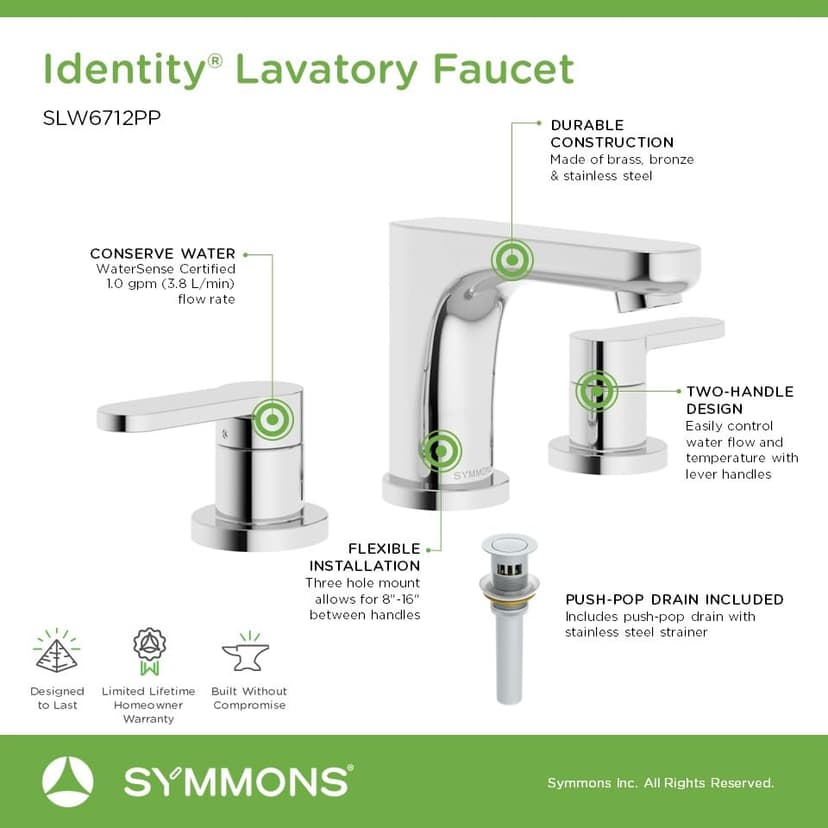 Symmons Identity Widespread Two-Handle Bathroom Faucet with Push Pop Drain (1.0 GPM), Polished Chrome
