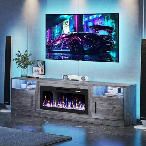 VITESSE TV Stand with 36" inch Electric Fireplace Up to 90" TVs, LED Light Entertainment Center, 80" Modern Wood High Gloss Fireplace with Highlight Storage Cabinet for Living Room (Gray)