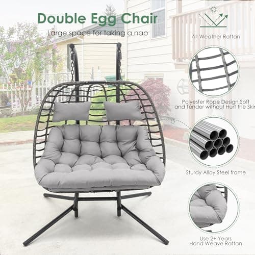 2 Person Hanging Egg Chair with Stand for Outdoor, Patio Hand Made Rattan Wicker Double Egg Swing Chairs Hammock Chair with UV Resistant Cushion and Metal Frame, Porch Swing Loveseat for Backyard