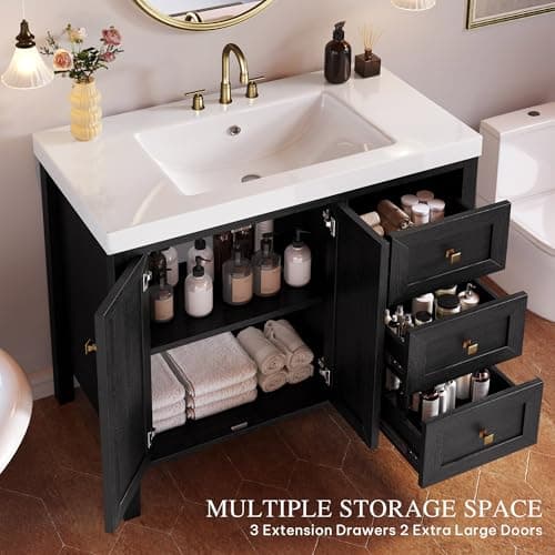 DWVO 42 Inch Bathroom Vanity with Sink Combo, Modern Bathroom Storage Cabinet with Resin Basin, Three Holes, 2 Doors & 3 Drawers, Black