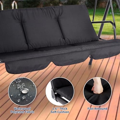 Outdoor Porch Swing Chair with Adjustable Canopy for Adults 3 Seat Glider Bench with Thickened Cushions Outside Patio Swing for Backyard Lawn Garden Black