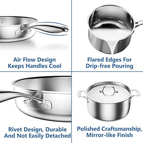 Nuwave Pro-Smart 9pc Stainless Steel Cookware Set, Heavy-Duty Tri-Ply 3.1mm Thickness, 18/10SS, Space Saving Nestable Design, Stay-Cool Handles, Induction-Ready, Works on All Cooktops, 20Yeär Wärranty