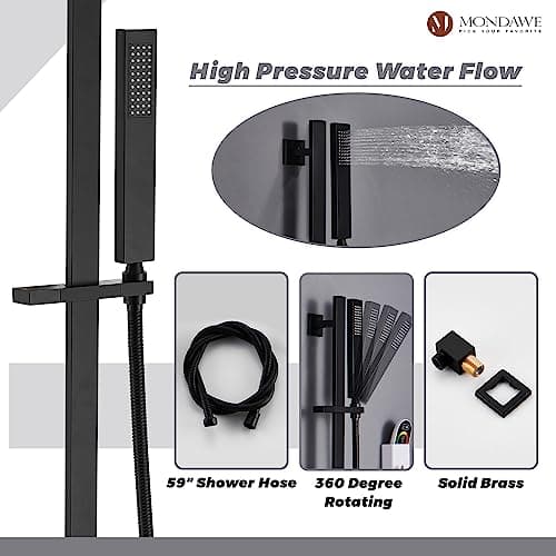MONDAWE 28 Inch Flush-Mounted Thermostatic Shower System in Matte Black, 64 Colors LED and Bluetooth Control Music Rainfall Shower Head, Handheld Spray and Body Jets, High Pressure Shower Faucet Set