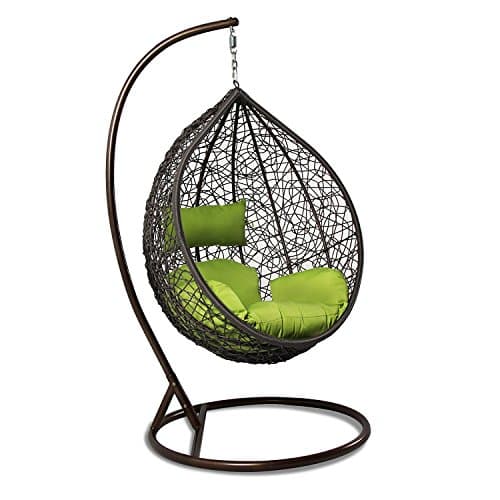 Island Gale Hanging Basket Chair Outdoor Patio Furniture with Stand and Cushion (Brown Wicker, Lime Cushion)