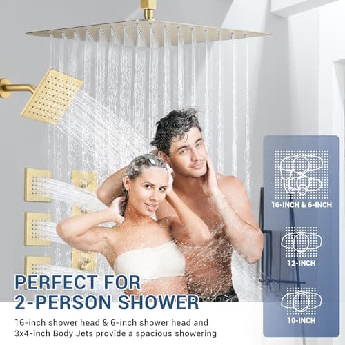 Brushed Gold Thermostatic Shower System with Body Jets, Ceiling 16” Rainfall Shower & Wall Mount 6-Inch Shower Head Luxury Shower Faucet Set with Handheld Spray, Dual Shower Heads Set