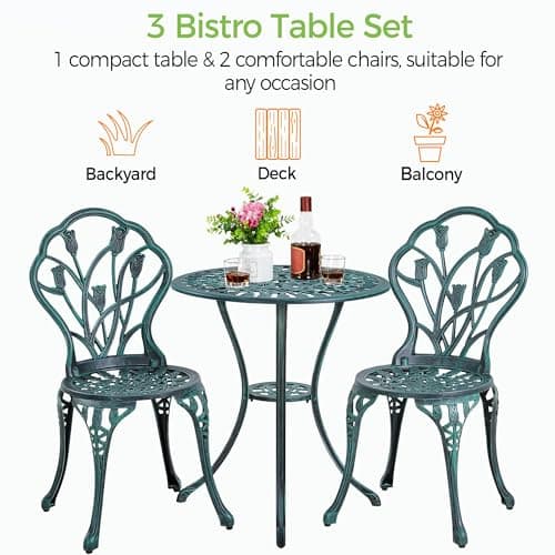 Yaheetech Patio Bistro Sets 3 Piece Cast Aluminum Bistro Table and Chairs Set, Cast Aluminum Bistro Table and Chairs Set of 2 with Umbrella Hole for Patio Backyard Balcony, Green