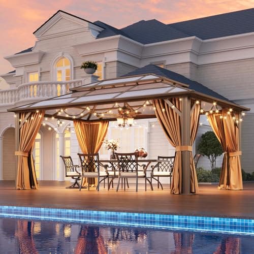 Aoxun 12'x16' Hardtop Gazebo, Aluminum Frame Permanent Pavilion with Netting and Curtains, Outdoor Polycarbonate Double Roof Canopy, Designed for Lawn, Garden, Patio (Brown)