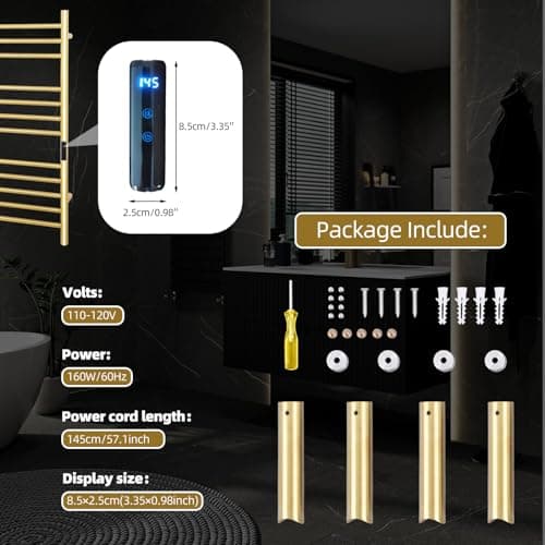 12 Bars Towel Warmer Rack, 23" Electric Wall Mounted Heated Towel Rack with Timer and Temperature Control, Towel Heater Hard Wired/Plug-in Hot Towel Rails for Bathroom, Brushed Gold
