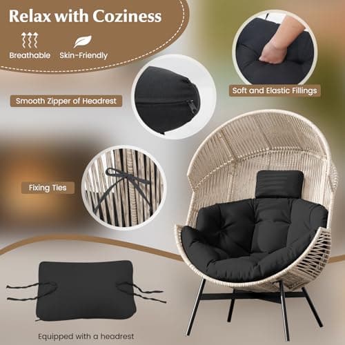 Tangkula Oversized Egg Style Chair, Wicker Stationary Patio Egg Chair w/Cushions & Headrest, Heavy-Duty Metal Frame, Patio Lounge Basket Sofa Chair for Yard, Porch, Living Room