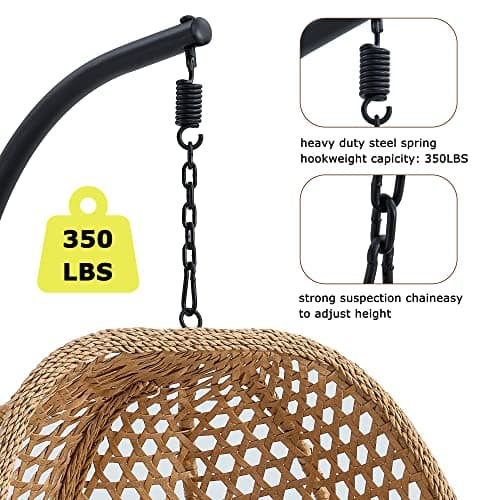 Hanging Egg Chair with Stand & Cushions, Outdoor and Indoor Hammock Rattan Swing Chair 350 lbs Capacity with Aluminum Steel Frame for Patio, Balcony, Backyard and Living Spaces (Light Brown)