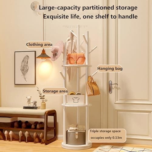 Solid Wood Rotary Coat Rack, Freestanding Coat Rack with 3 Shelves and 9 Hooks, Coat Tree for Bedroom, Entryway, Livingroom, Coat Hanger Stand,Walnut