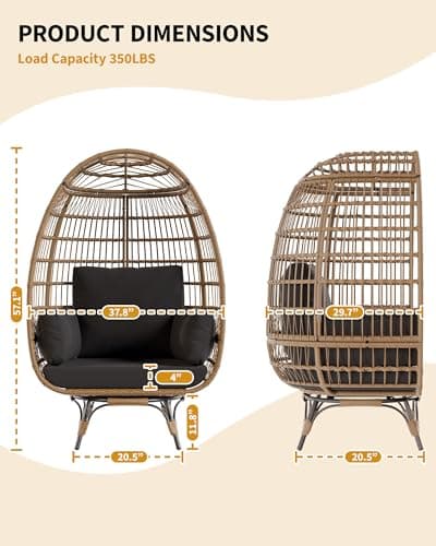 360°Oversize Swivel Egg Chair Outdoor, Heavy-Duty Steel Wicker Egg-Shaped Chair w/4 Cushions, Patio Rotating Rattan Egg Basket Lounge Seat for Patio, Porch, Backyard, Living Room, Black