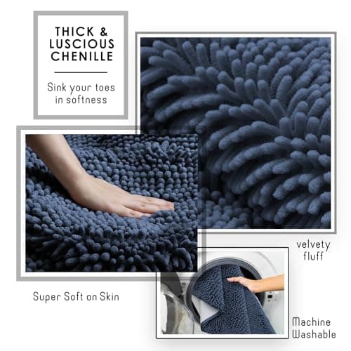 Hearth & Harbor Bathroom Rugs Sets 2 Piece, Chenille Bath Mat Set - Machine Washable Bath Mats for Bathroom Non-Slip Backing Rubber Quick Dry Bathroom Mat - Navy Bath Rug, 17x24-20x32