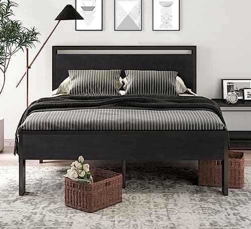 SHA CERLIN 14 Inch Queen Size Metal Platform Bed Frame with Wooden Headboard and Footboard, Mattress Foundation, No Box Spring Needed, Large Under Bed Storage, Non-Slip Without Noise, Black Oak