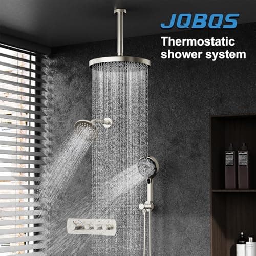 Shower System Brass Thermostatic Shower Faucet Set With Valve and Diverter Shower Mixer with 2 Rain Shower Head and Multi-function Handheld Head（Brushed Nickel）