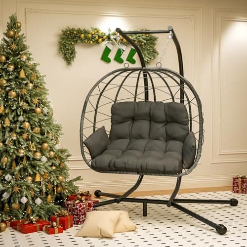 Pamapic Double Egg Chair wth Stand, 700 LBS Loveseat Rattan Swing Chair, UV Resistant Cushions with Armrests and Headrest, Thick Steel Frame Hammock Swing for Outdoor, Patio, Indoor(Grey)