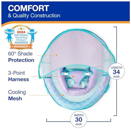Swimways Infant Spring Float, Baby Pool Float with Canopy & UPF Protection, Swimming Pool Accessories for Kids 3-9 Months, Mermaid