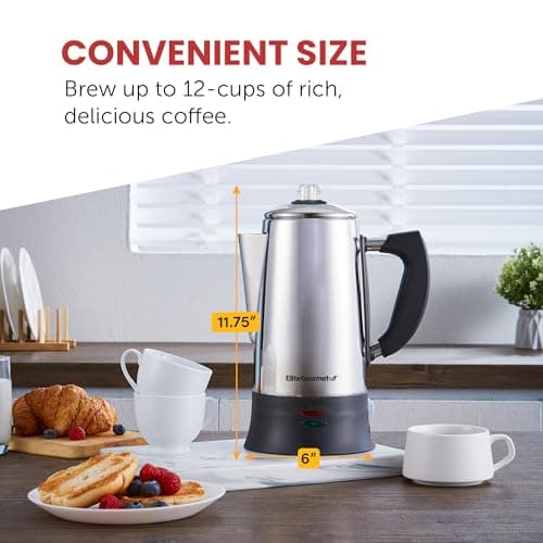 Elite Gourmet EC923 Electric Coffee Percolator, BPA Free, Keep Warm, Clear Brew Progress Knob, Cool-Touch Handle, Cordless Serve, 12-Cup, Stainless Steel