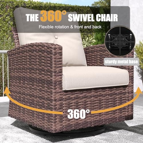 LayinSun 10 Pieces Patio Furniture Set with Swivel Chairs, Rattan Wicker Rocking Glide Chairs with 44" Propane Gas Fire Pit Table Conversation Set