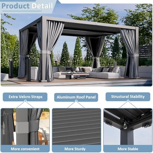 Aoxun Louvered Pergola 12' x 16' Outdoor Aluminum Pergola Adjustable Roof, with Waterproof Curtains and Nets, for Decks, Gardens, Gray