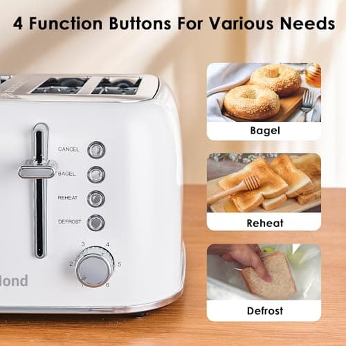 Toaster 4 Slice Retro Stainless Steel with Extra Wide Slots Bagel, Defrost, Reheat Function, Dual Independent Control Panel, Removable Crumb Tray, 6 Browning Levels, White