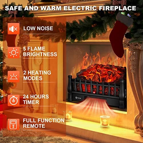 Electric Fireplace Logs Inserts Heater with Infrared Remote Controller 5 Flame Brightness 24 H Timer Overheating Protection for Home and Office Decor Black