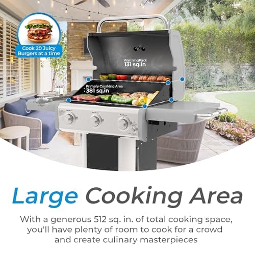 Kenmore 3-Burner Propane BBQ Grill, 30,000 BTUs Gas Grill with Cast Iron Cooking Grates, Folding Side Tables & Wheels, Outdoor Grill with Tool Hooks, Black