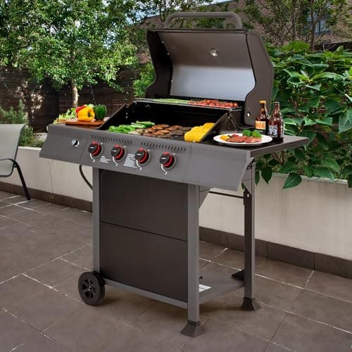 Royal Gourmet GA4401T 4 Burner Propane Gas Grill with Porcelain-enameled Cast Iron Grates, Outdoor BBQ Grill with Warming Rack for Outdoor Cooking and Backyard Barbecues, Black and Gray