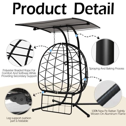 Double Egg Chair Outdoor with Stand & Adjustable and Removable Canopy, Foldable Leg Rest, Leg Support Bracket Tube Thickened Treatment, 600lbs Capacity for Bedroom, Balcony, Garden (HQH)