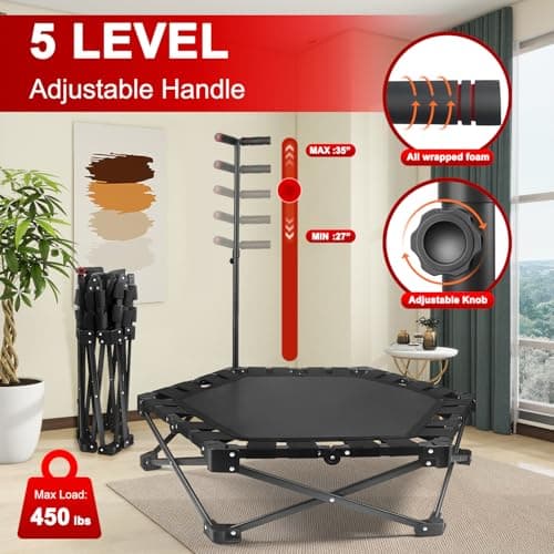 Foldable Mini Trampoline — One-Step Fold & Open, 42" Rebounder Trampoline for Adults & Kids, 450lbs Max Load, Adjustable T-Bar, Indoor & Outdoor Workout