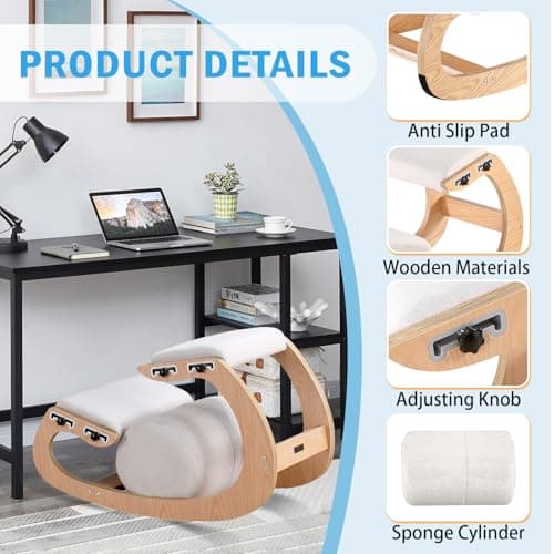 Adjustable Kneeling Chair, Wooden Ergonomic Chair Knee Chair Posture Chair - Improve Your Posture with an Angled Seat for Home,Office (Wood Color+ Pads)