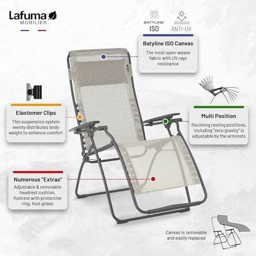 Lafuma Futura LFM3118 8548 Zero Gravity Outdoor Steel Framed Lawn Patio Recliner Folding Lounge Chair with Batyline Canvas, Seigle Grey