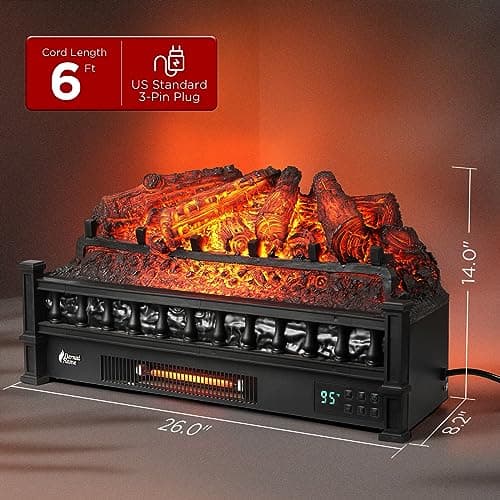 TURBRO Eternal Flame 26 in. WiFi Infrared Quartz Electric Fireplace Log Heater with Sound Crackling, Realistic Pinewood Logs, Adjustable Flame Colors, Remote Control, Thermostat, Timer, 1500W Black