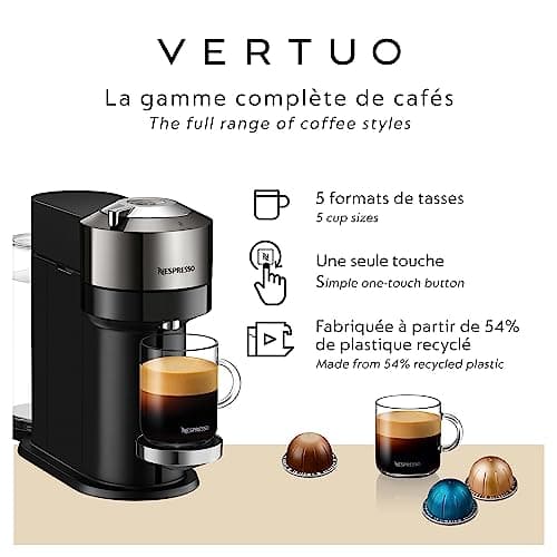 Nespresso Vertuo Next Deluxe Coffee and Espresso Maker, Pure Chrome with Aeroccino Milk Frother,1.1 liter, Black