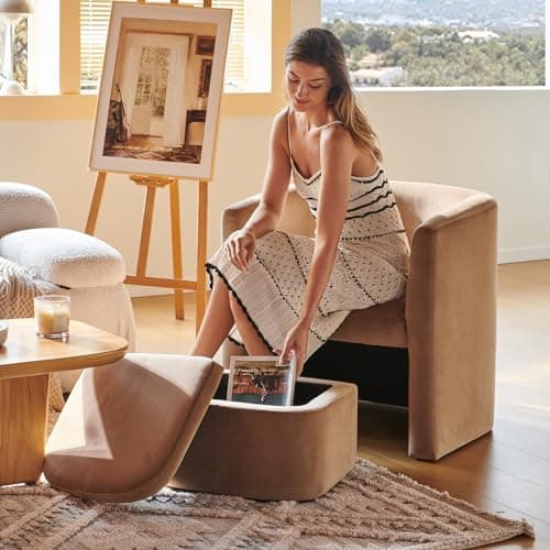 COLAMY Upholstered Velvet Barrel Accent Chair with Storage Ottoman, Morden Living Room Chair with Lounge Seat for Bedroom/Reading Spaces, Khaki