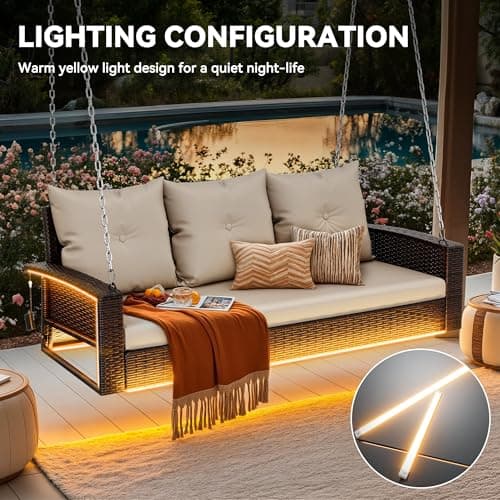 YITAHOME 3 Seats Patio Porch Swing, Outdoor Wicker Hanging Bench Rattan Chair Seat with LED Lights & Soft Cushions for Outside, Garden, Backyard, Lawn, Light Brown & Beige