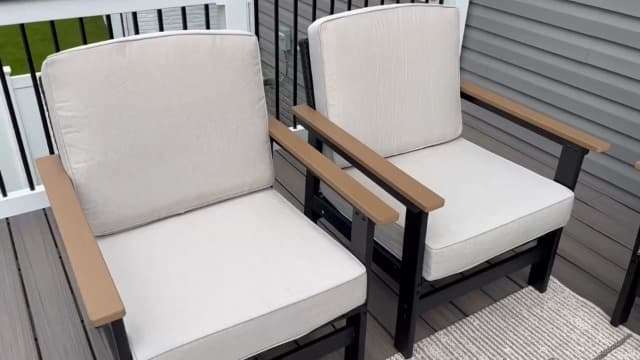 HDPE Outdoor Patio Furniture 4-Piece Set, All Weather Modern Patio Conversation Sets with Wood-grain Extended Table, Outdoor Patio Couch Set, Black Frame with Beige 4.7" Thick Cushions