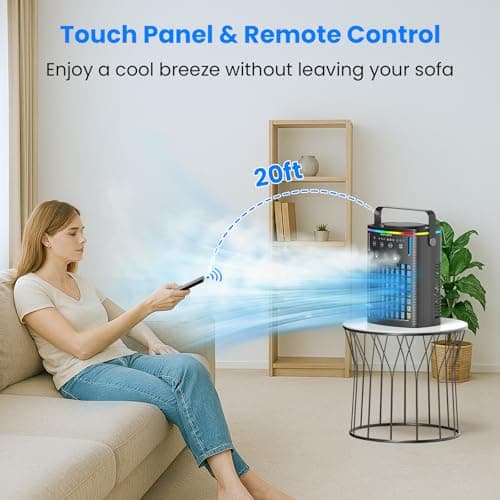 Portable Air Conditioners, Mini Air Conditioner Portable Cooling Fan with Remote Control, 3 Wind Speed & 3 Mist Level & 2-8H Timer & 7 LED Light Evaporative Air Cooler for Home Office Room, Black