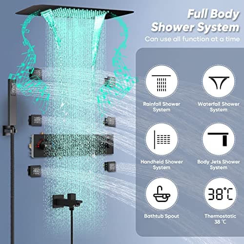 Thermostatic Shower System, Full Body shower syetem with Body Jets, 23 Inch Rainfall Waterfall Overhead Shower System in Matte Black