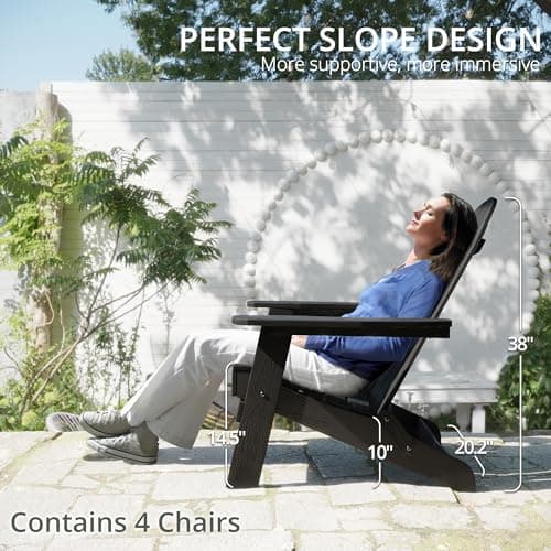 LUE BONA Folding Adirondack Chair Set of 4, Black HDPS Fire Pit Patio Chairs Weather Resistant, Modern Plastic Outdoor Chairs with Cup Holder