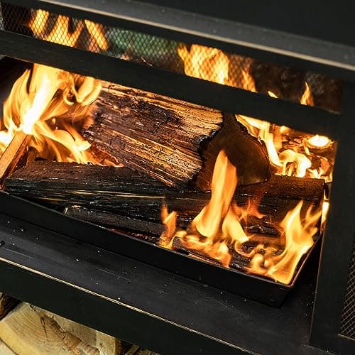 Outdoor Wood Burning Fireplace with Wood Storage and Removable Fire Grill - 40 Inch Large Metal Wicker Base Fire Pit for Patio Garden Deck Backyard, Black