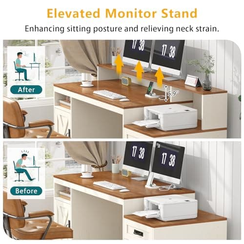 TVU Farmhouse Computer Desk with Drawers, 65'' Home Office Desk with Power Outlets, Storage Cabinet and Printer Stand, Study Writing Desks with Long Monitor Stand, White