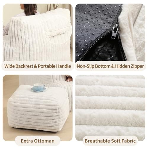 Comfy Gaint Bean Bag Chair with Ottoman, Fluffy Huge Bean Bag Armchair for Adults and Teens, Cream