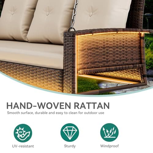 YITAHOME 3 Seats Patio Porch Swing, Outdoor Wicker Hanging Bench Rattan Chair Seat with LED Lights & Soft Cushions for Outside, Garden, Backyard, Lawn, Light Brown & Beige