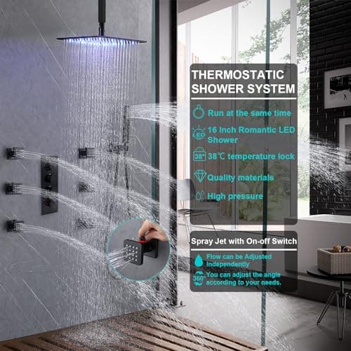 Full Body Rain Shower System - 16inch Matte Black LED Rain Shower Thermostatic Faucet Set - Spray Jet with On-off Switch, Can Run Together